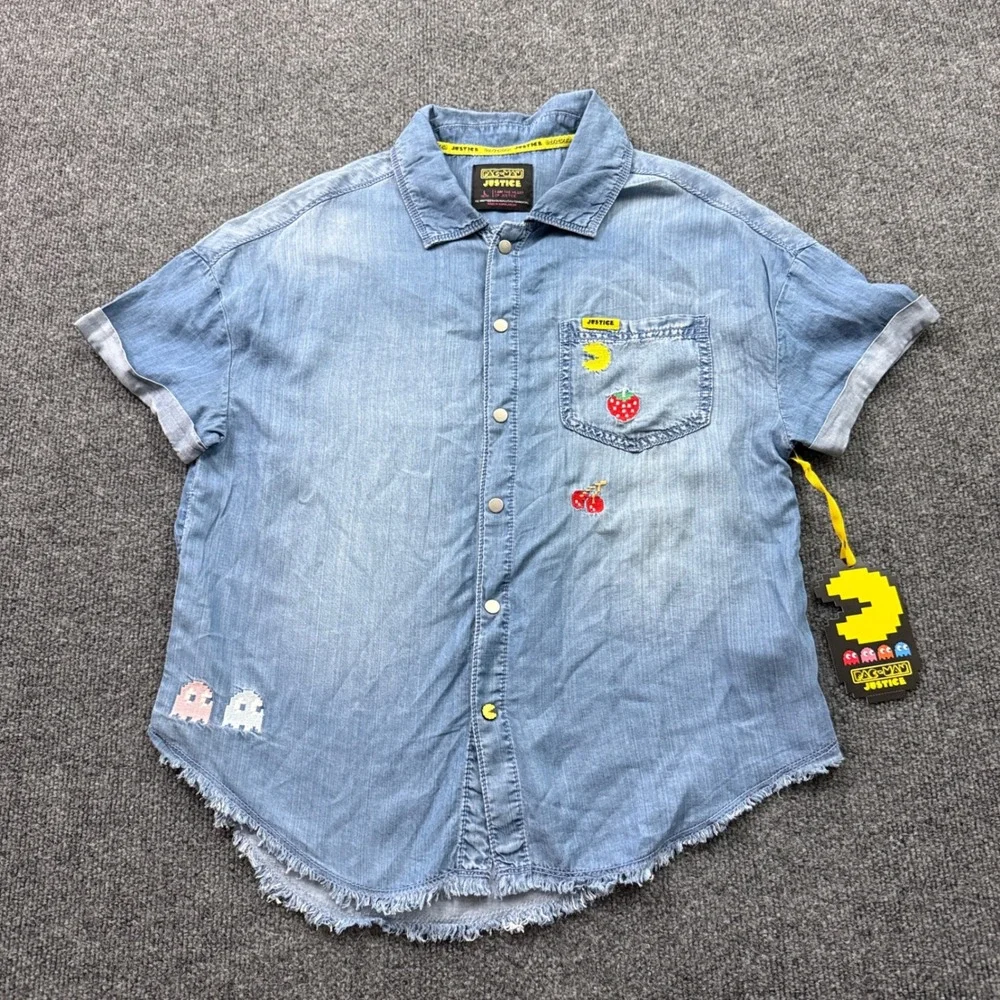 Justice Pac-Man Denim Shirt Girls Large 12/14 Embroidered Raw Hem Gamer Chambray
